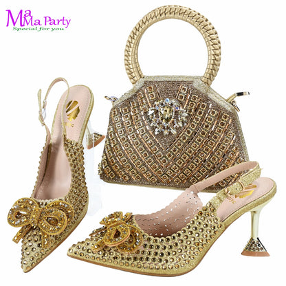 Gold Color New Arrivals Italian Design Nigerian Women Shoes and Bag Set Pointed Toe Slipper with Shinning Crystal for Party