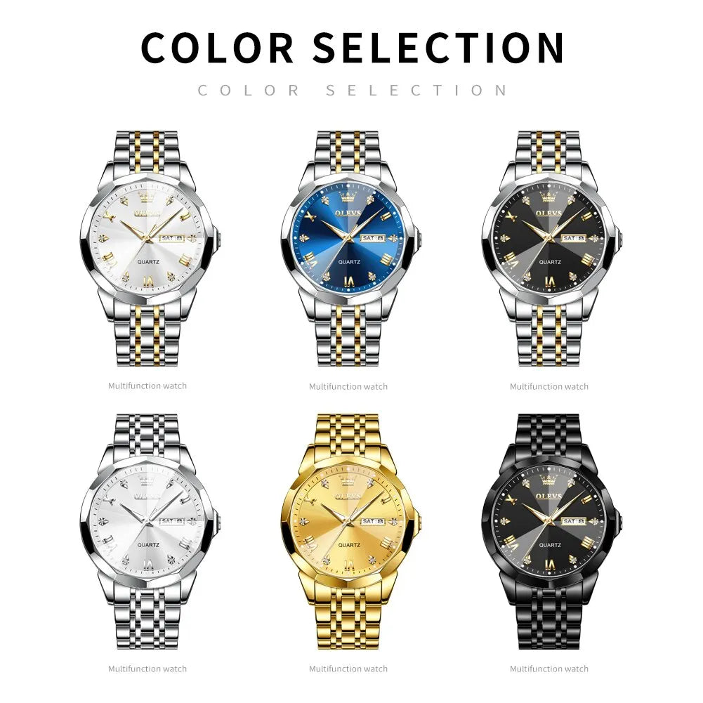 OLEVS Original Waterproof Men's Watches Diamond Mirror Quartz Watch for Man Luminous Stainless Steel Wristwatch Male Date Week