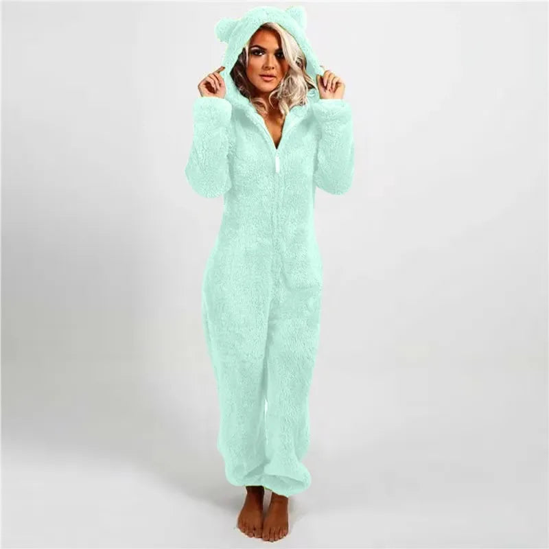 Casual Cute Women's Thick Warm Furry Jumpsuit One-Piece Solid color Hooded Pants Set Home Wear Comfortable Jumpsuits Overall