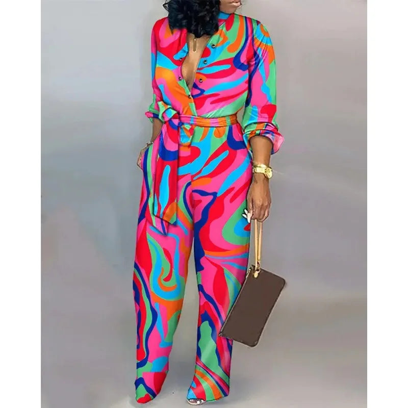 2024 Autumn Casual Women Jumpsuits Print V-Neck High Waist Belt Long Sleeve Elegant Straight Pants Jumpsuit Rompers For Women
