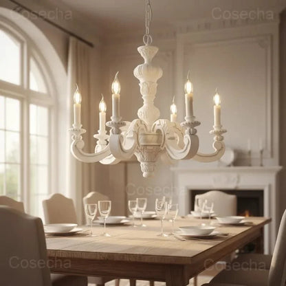 Antique White Wood Chandeliers Mid Century Chandelier Vintage French Hanging Chandeliers Classic 5/6/8 Lights Dining Living Room
