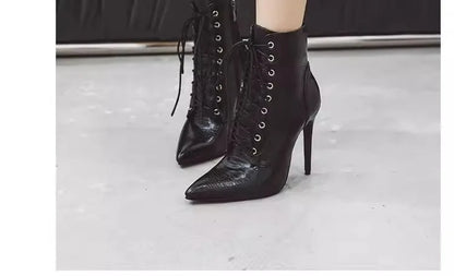 12CM Stiletto Heels Botas Mujer Fashion Pointed Lace-up Ankle Boots Roman Ladies Shoes Autumn Winter Women Emboss Short Booties