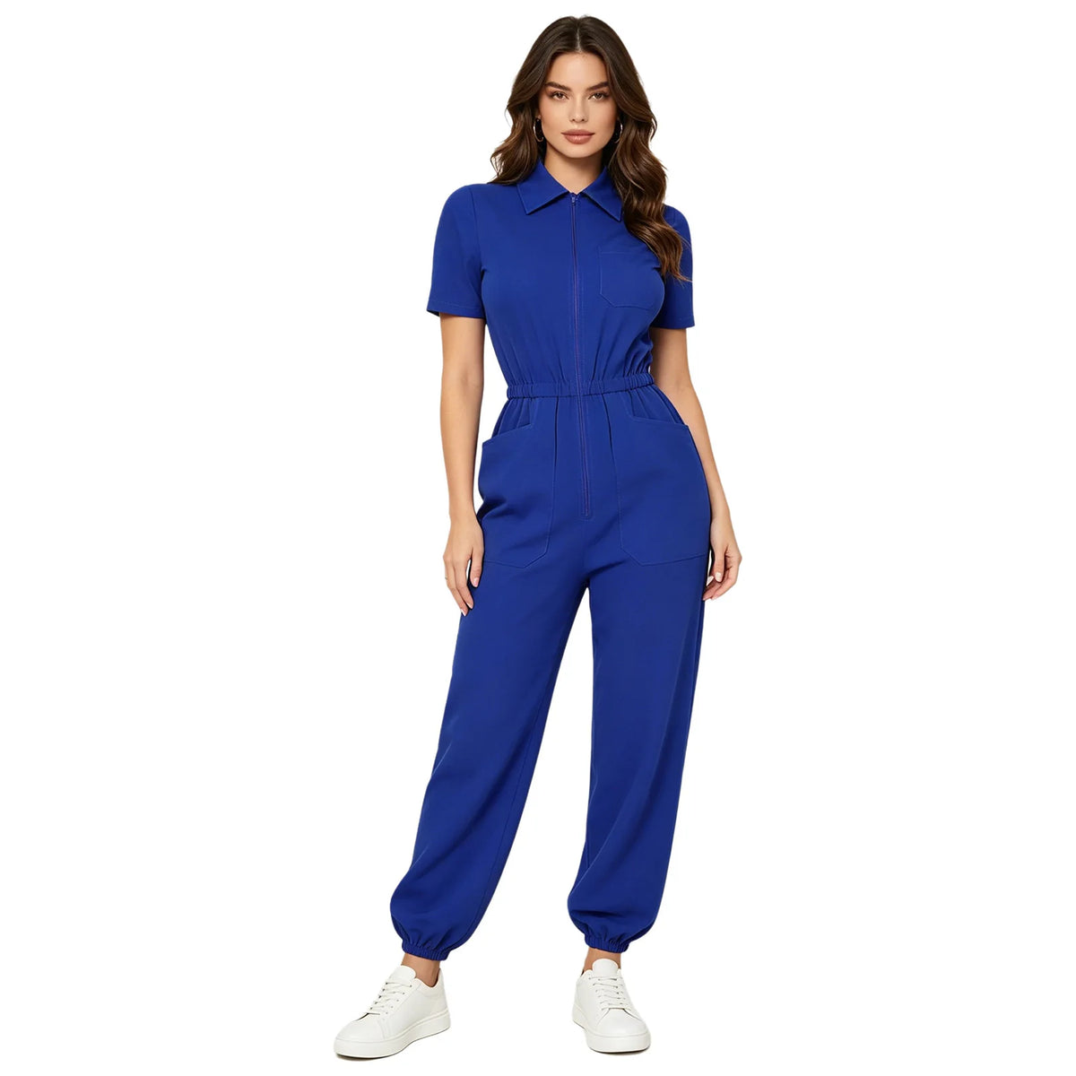 Womens Scrubs Jumpsuit Soft Stretch Medical Scrub Set with Pockets Front Zipper Elastic Waist Jogger Pants Nurse Doctor Workwear