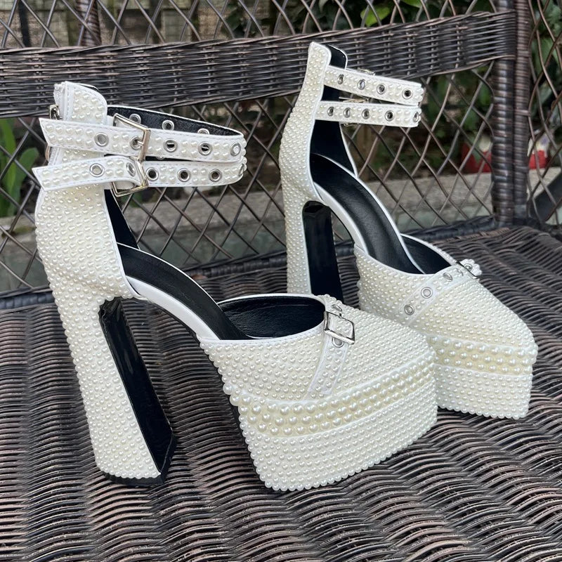 2026 Women's Shoes 14cm Thick Heel Pointed Sandals 35-41 High Heel Waterproof Platform Woman Shoes Wedding Dress Luxury Pearl