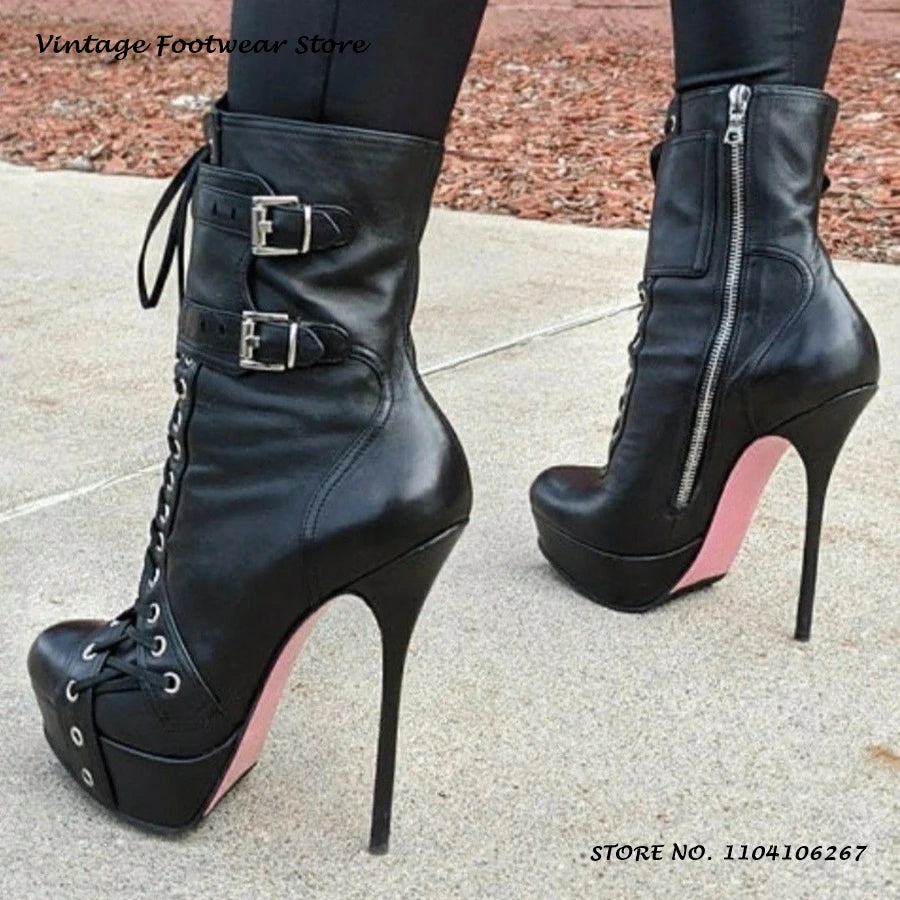Black Platform Stiletto Ankle Boots Round Toe Thin Heels Cross-tied Plus Size Shoes Women's Spring Autumn Fashion Zipper Booties