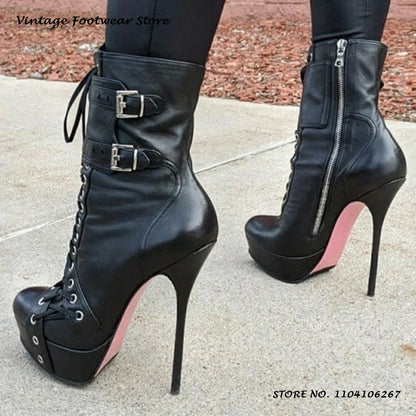 Black Platform Stiletto Ankle Boots Round Toe Thin Heels Cross-tied Plus Size Shoes Women's Spring Autumn Fashion Zipper Booties