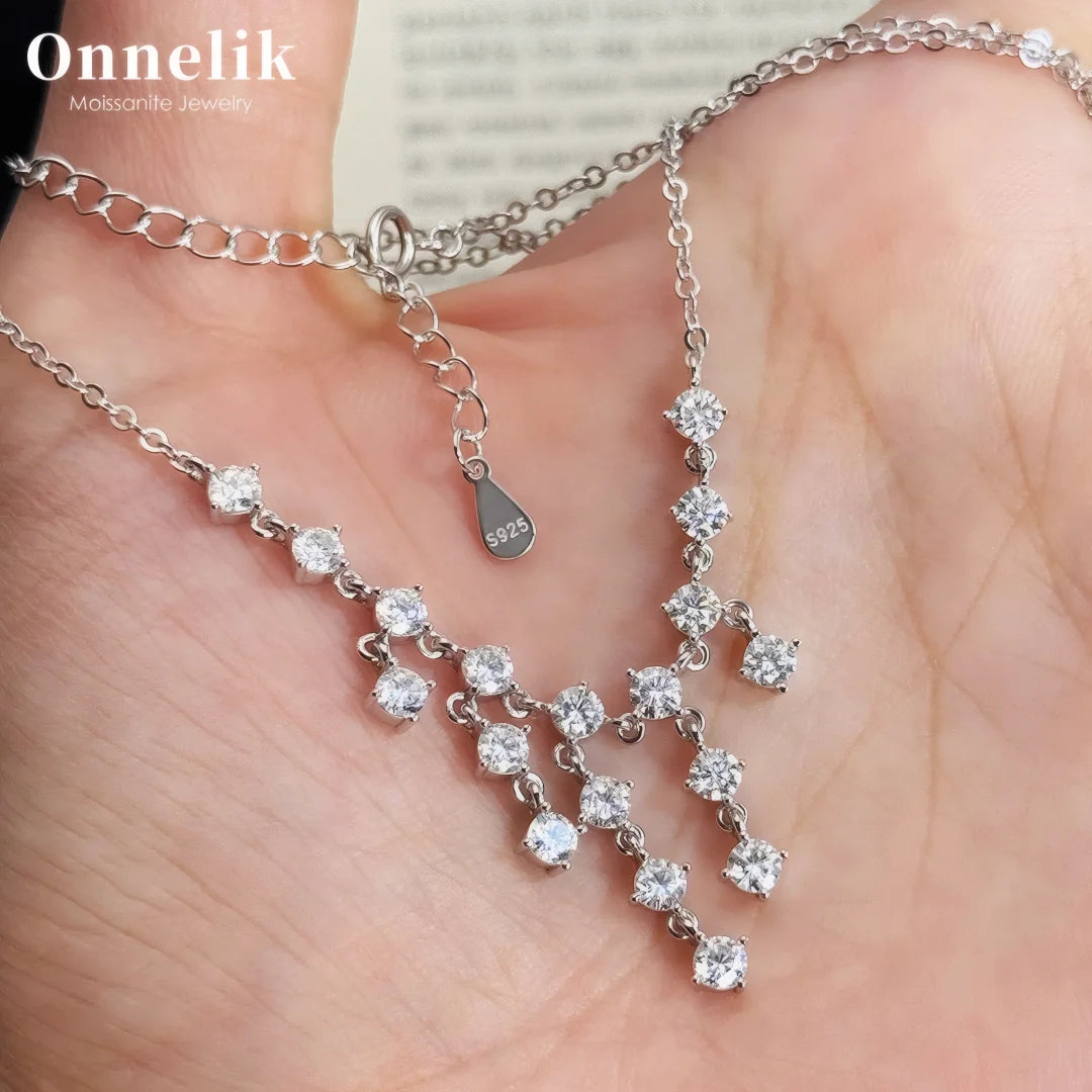 Onnelik Full D Moissanite Round Tassel Pendant Necklace S925 Sterling Silver Sparkling Wedding Party Fine Jewelry Gift for Women