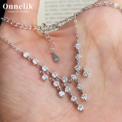 Onnelik Full D Moissanite Round Tassel Pendant Necklace S925 Sterling Silver Sparkling Wedding Party Fine Jewelry Gift for Women
