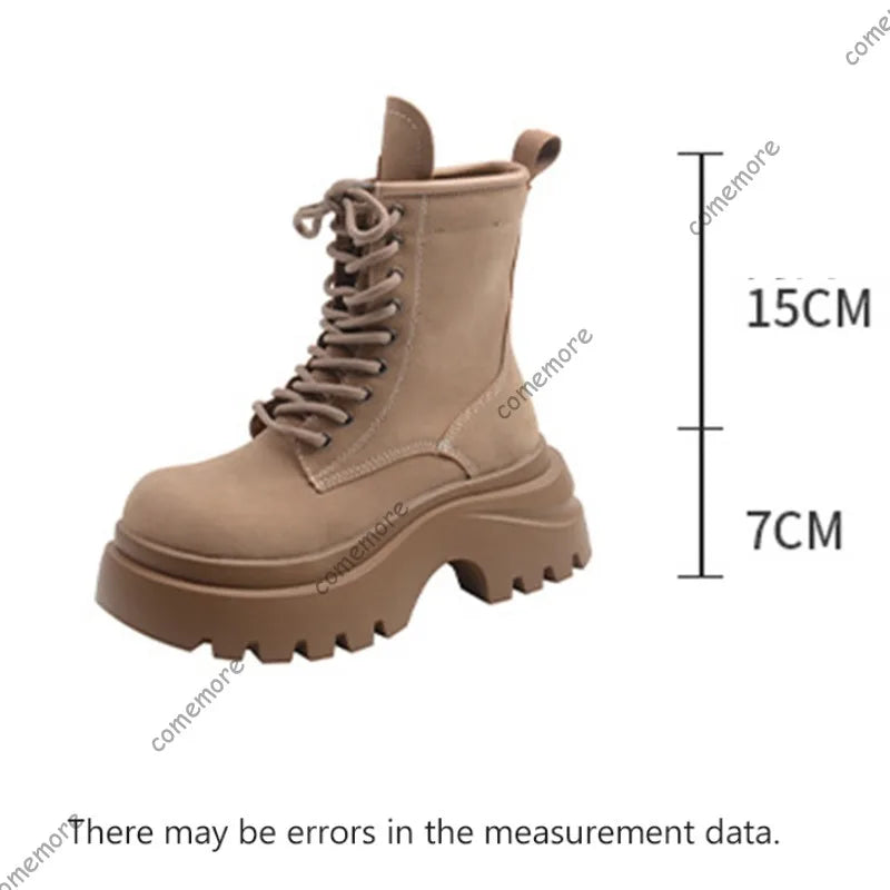 Comemore Platform Lace Up Ankle Boots Retro British Style Chunky Heeled Suede Leather Shoes for Women Solid Short Work Botas