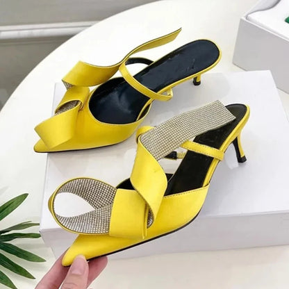 Pink Rhinestone Sandals Woman Pointed Toe Luxury Satin Butterfly Knot High Heel Party Shoes Lady Sexy Mules Slippers