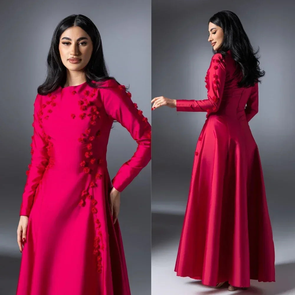 Red Evening Dresses Customized Elegant Satin  A-line Draped Flowers Homecoming Dresses Long Sleeve Party Dresses for Special Ocn