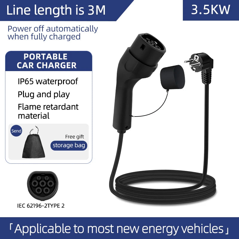 Portable 3.5KW 16A EV Charger with 3M-20M Cable Type2 IEC62196 EU Plug Wallbox Adapter Plug And Charge for Electric Vehicles