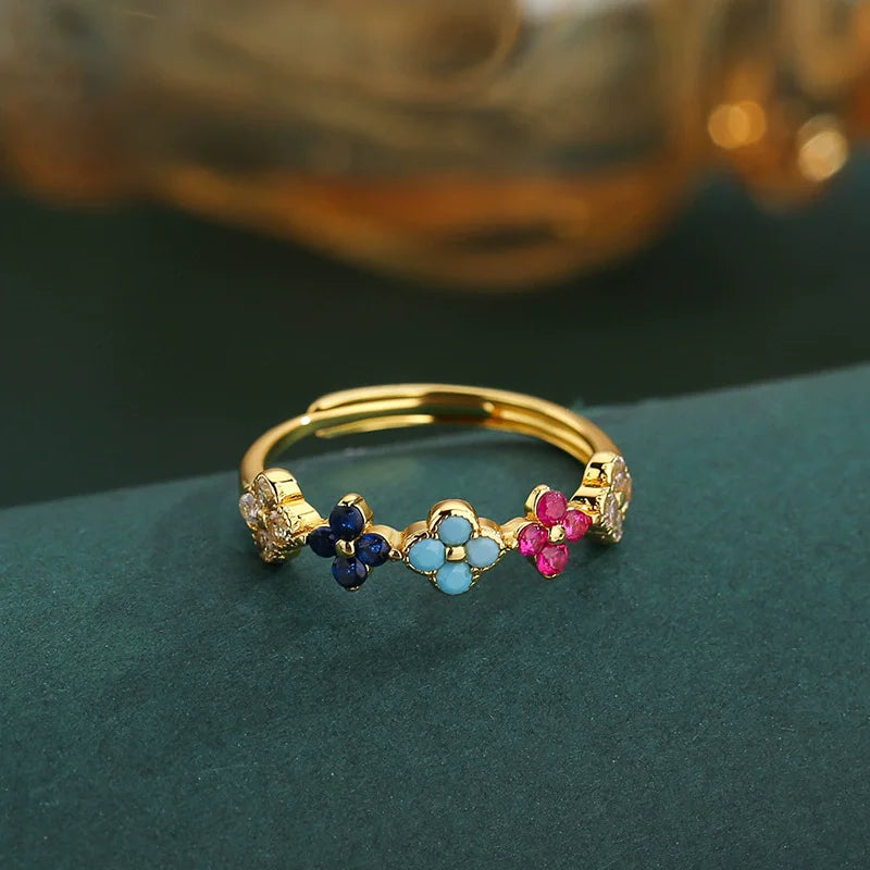 925 Sterling Silver Colorful Four-Leaf Petal Ring for Women Light Luxury, High-End, Trendy Fashion Fine Jewelry Gifts