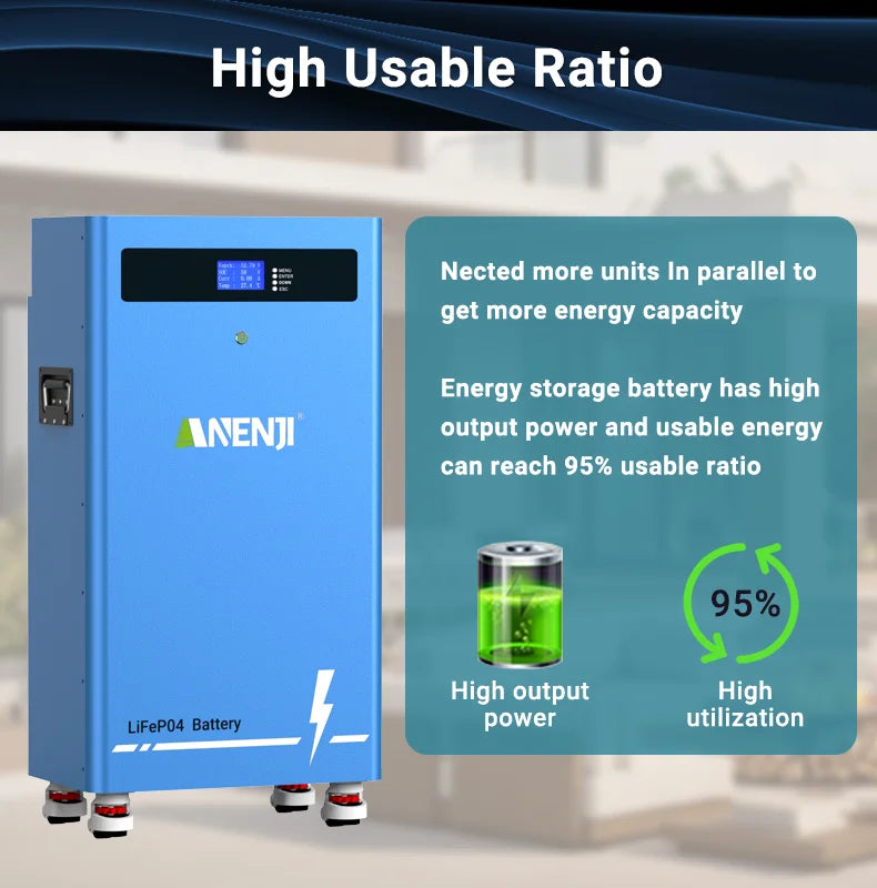 ANENJI 51.2V 314Ah 16Kwh LiFePO4 Battery 6000 Cycles With Wheels Bluetooth BMS 200Ah Supports 15 Units Parallel  Solar System