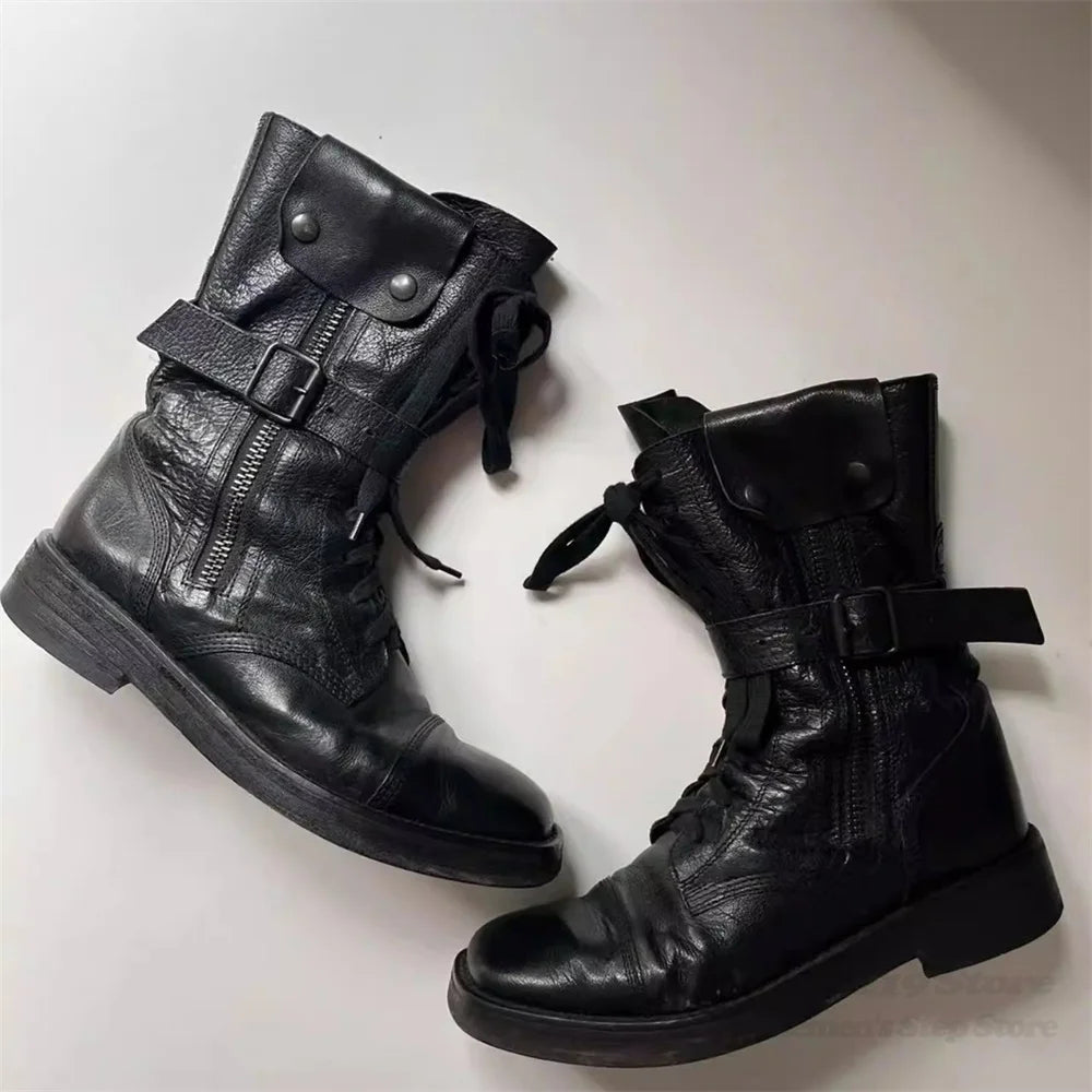 Retro Round Toe Black Leather Workwear Boots Men Rivets Belt Buckles Side Zipper Straps Punk Style Motorcycle Riding Boots