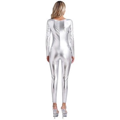 Womens Metallic Shiny Bodysuit Clubwear Long Sleeve Slim Fit Full Body Jumpsuit Nightclub Rave Party Musci Festival Costumes