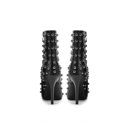 Women PU Studded Ankle Boots Pointed Toe Stiletto High Heel Metal Rivet Decor Punk Rock Fashion Party Short Booties F462