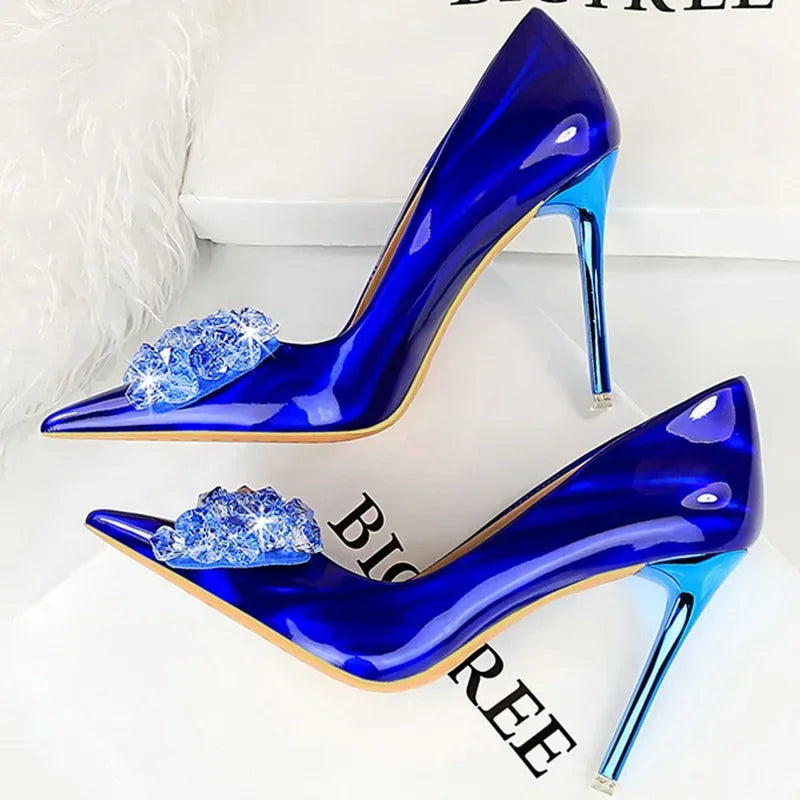 Women 10.5cm High Heels Glossy Leather Drag Queen Banquet Dress Pumps Lady Luxury Crystal Bow Stiletto Blue Green Red Prom Shoes