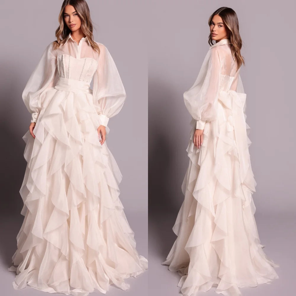 Customized Fashion Modern Style Organza Pleat Ruched Draped A-line High Collar Long Dresses Bespoke Occasion Dresses Exquisite