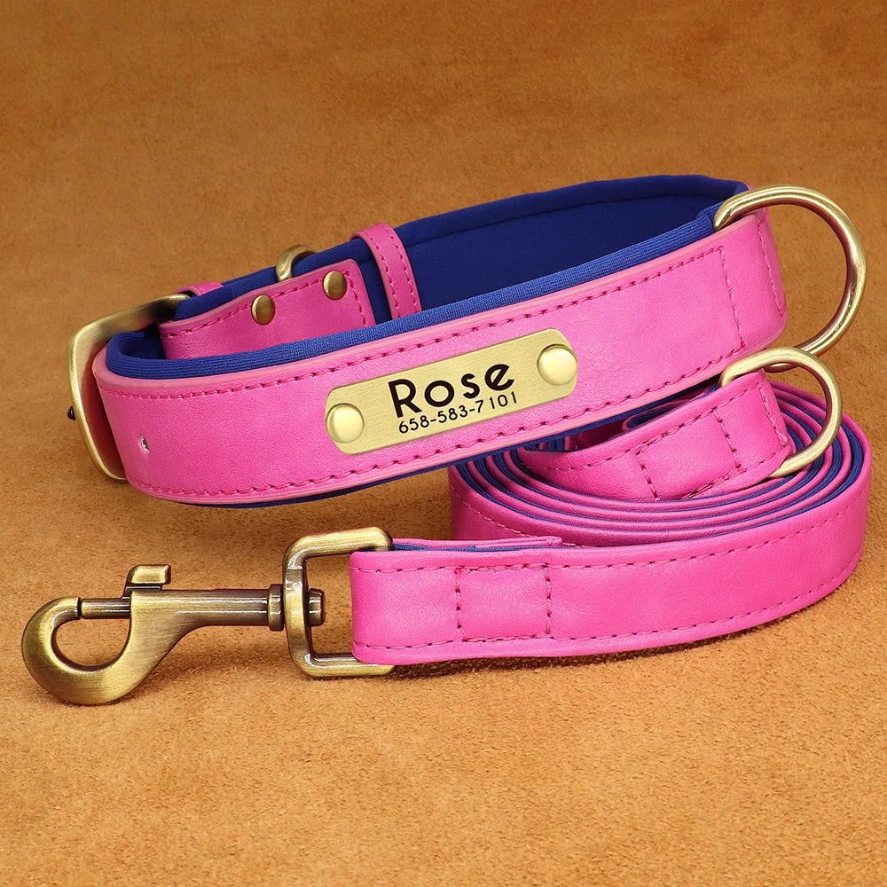 Personalized Dog Collar Leash PU Leather Dogs Collars Pet Rope Engraved Pet ID Name Necklace for Small Large Dogs Soft Padded