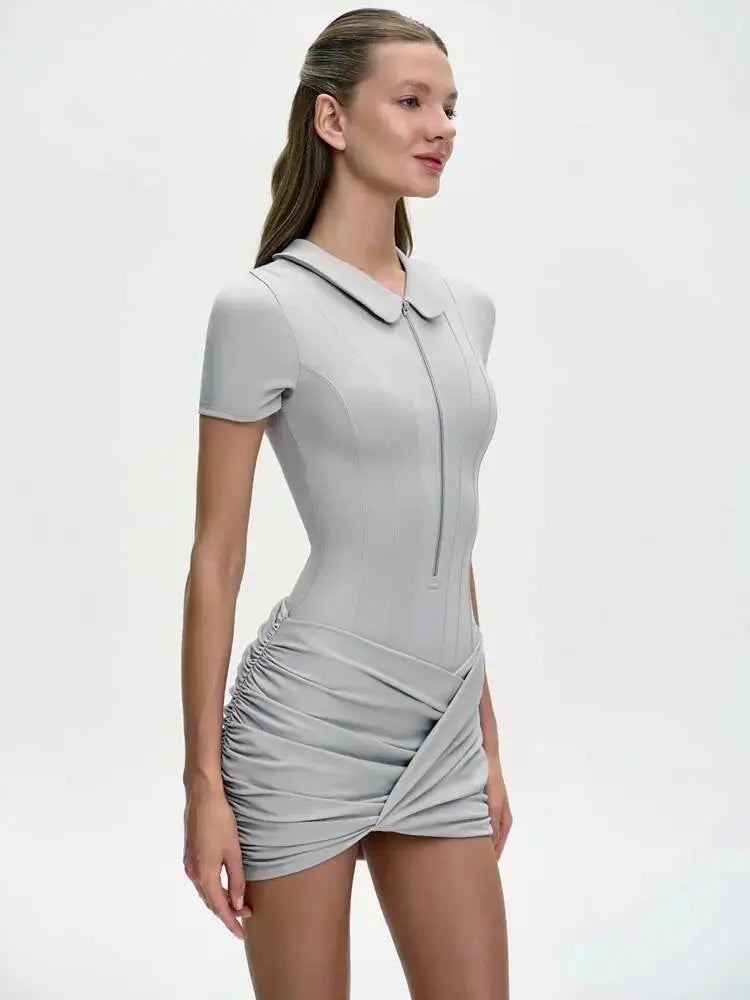 Sibybo Polo Collar Zipper Women Jumpsuits Set Short Sleeve High Elastic Rompers Ruched Bodycon Skirt Spring Casual Matching Sets