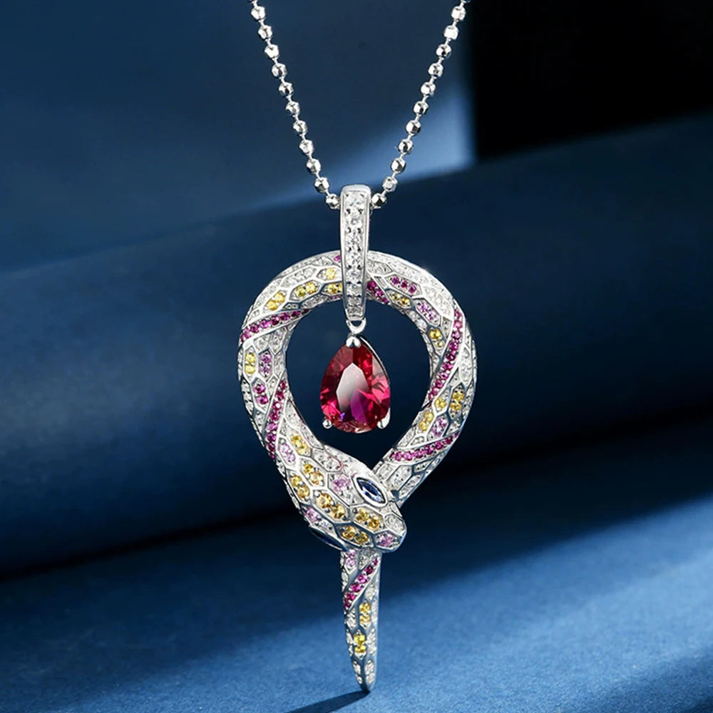 WUIHA Vintage 925 Sterling Silver 7 * 10 MM Lab Sapphire Ruby High Carbon Diamond Gemstone Wedding Engagement Pendant Necklace
