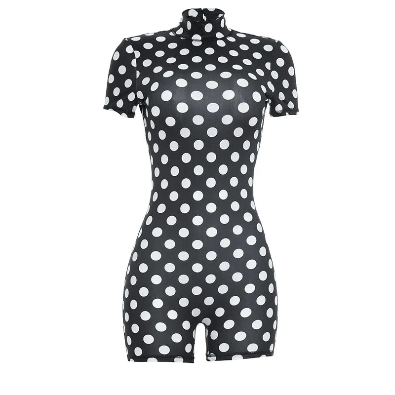 FAGADOER Retro Big Polka Dot Bodycon Rompers Women Short-sleeve Back Hollow Out Ruched Jumpsuits Streetwear Party Club Playsuits