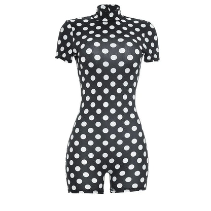 FAGADOER Retro Big Polka Dot Bodycon Rompers Women Short-sleeve Back Hollow Out Ruched Jumpsuits Streetwear Party Club Playsuits