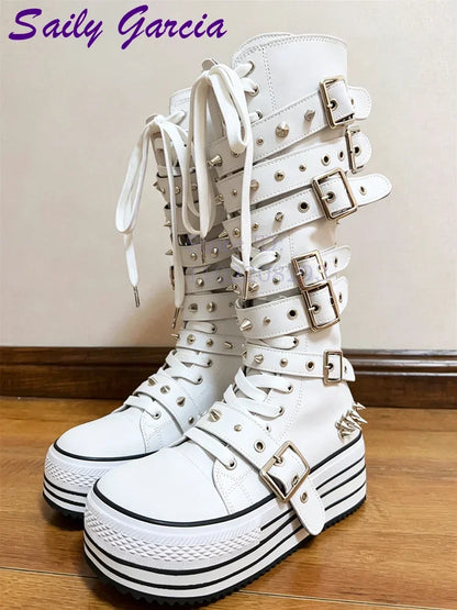 Festival Rave Orange Platform Boots Punk Rivet Buckle Straps Knee High Boots 2026 Fashion Thick Sole Women Shoes Party Footwear