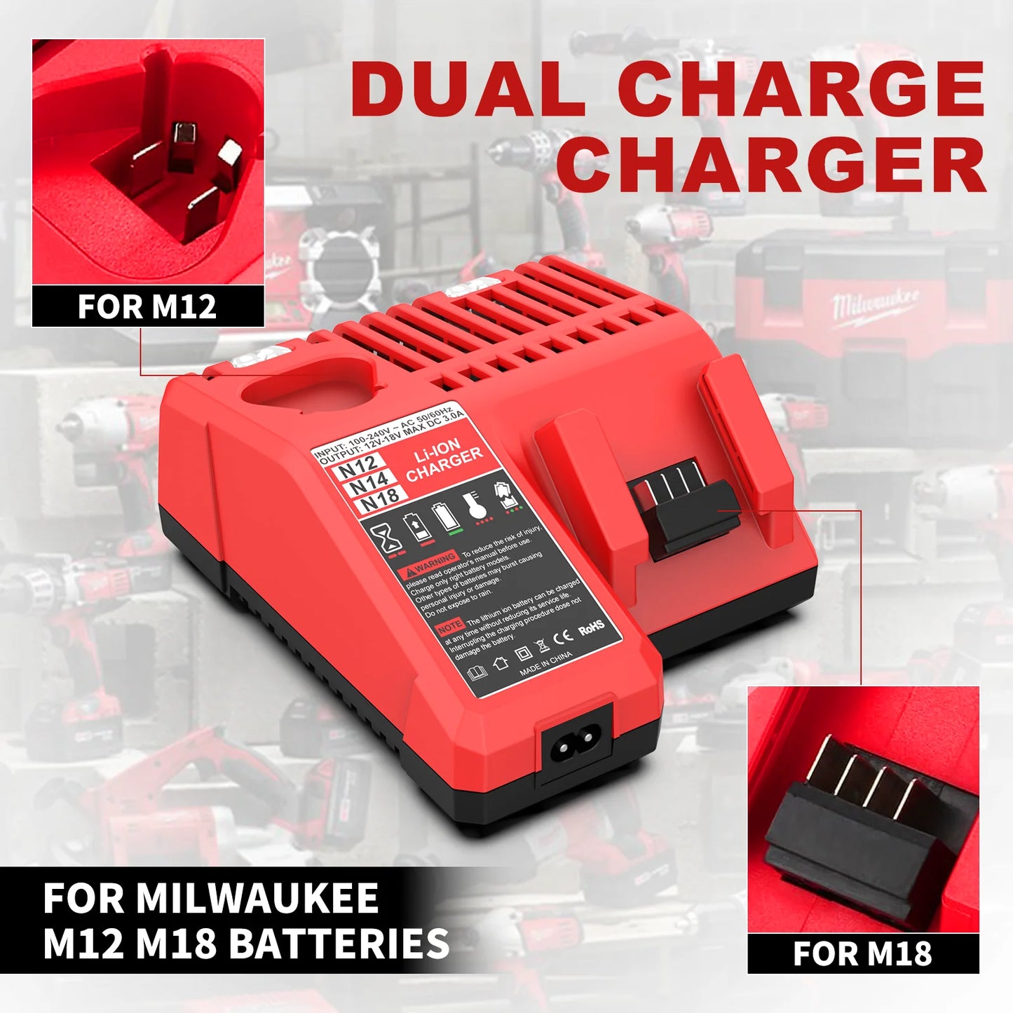 Rapid Charger 3A Li-Ion Battery Charger For Milwaukee 12V 18V M12 M18 Dual Port Lithium Battery Charger 48-11-2420 48-11-1840