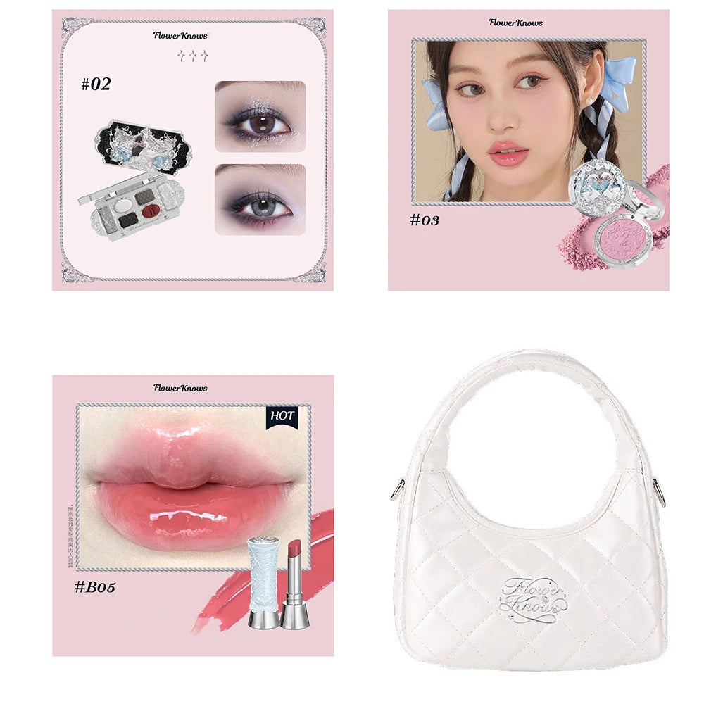 Flowerknows Makeup Set Gift Kit Shimmer Full Box Blush Long Lasting Velvet Lip Cream with Bag Kit De Maquiagem