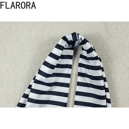 FLARORA Fashion Striped Print Jumpsuits Women Sexy Halter Swinging Collar Sleeveless Backless Skinny Street Clubwear Overalls