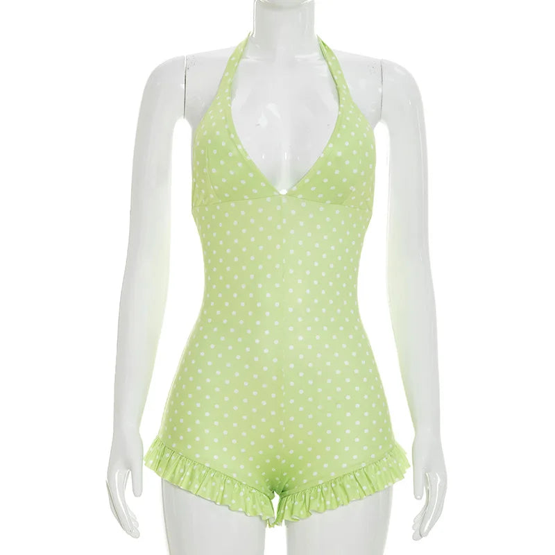HLJ&GG Sexy Hot Girl Polka Dot Print Ruffle Bodycon One Piece Rompers Women Halter Backless Lace Up Playsuits Fashion Overalls