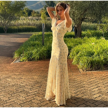 Fashion V-neck Floral Women Maxi Dress Flutter Sleeve Lace Trim High Waist Chiffon Vestidos Summer Female Daily Vacation Dresses