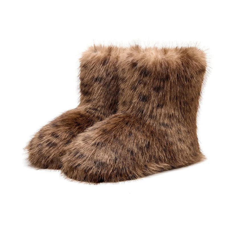 Leopard Winter Ankle Boots Female Fluffy Casual Plarform Women's Shoes Plush Luxury Design Indoor Outdoor Fuzzy Fur Snow Booties
