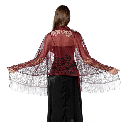 Korean Women Summer Thin Hollow Flower Long Tassel Party Cloak Sunscreen Shawl Sun Clothing Travel Towel Lace Evening Dress Scar