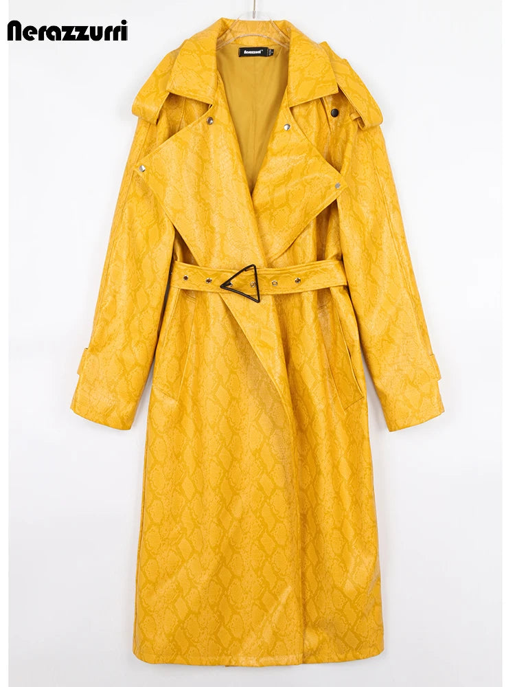 Nerazzurri Spring Autumn Long Oversized Colorful Snakeskin Print Patent Leather Trench Coat for Women Belt Runway Fashion 2022