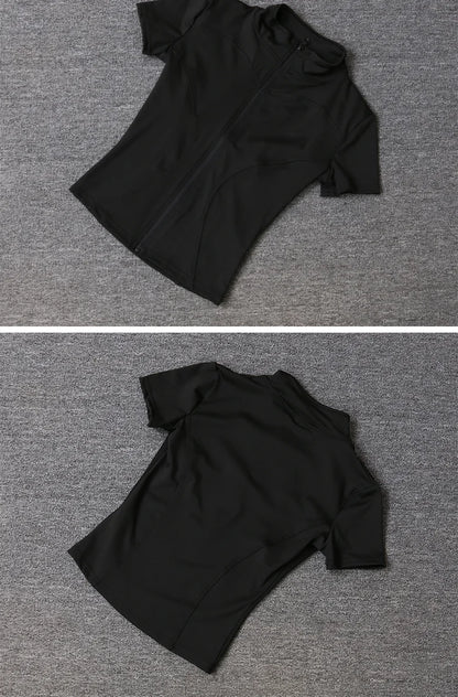 Summer High Quality Waist Slimming Training Tops Women's Quick-drying Tight Stand Collar Full Zipper Short Sleeves Yoga Shirts