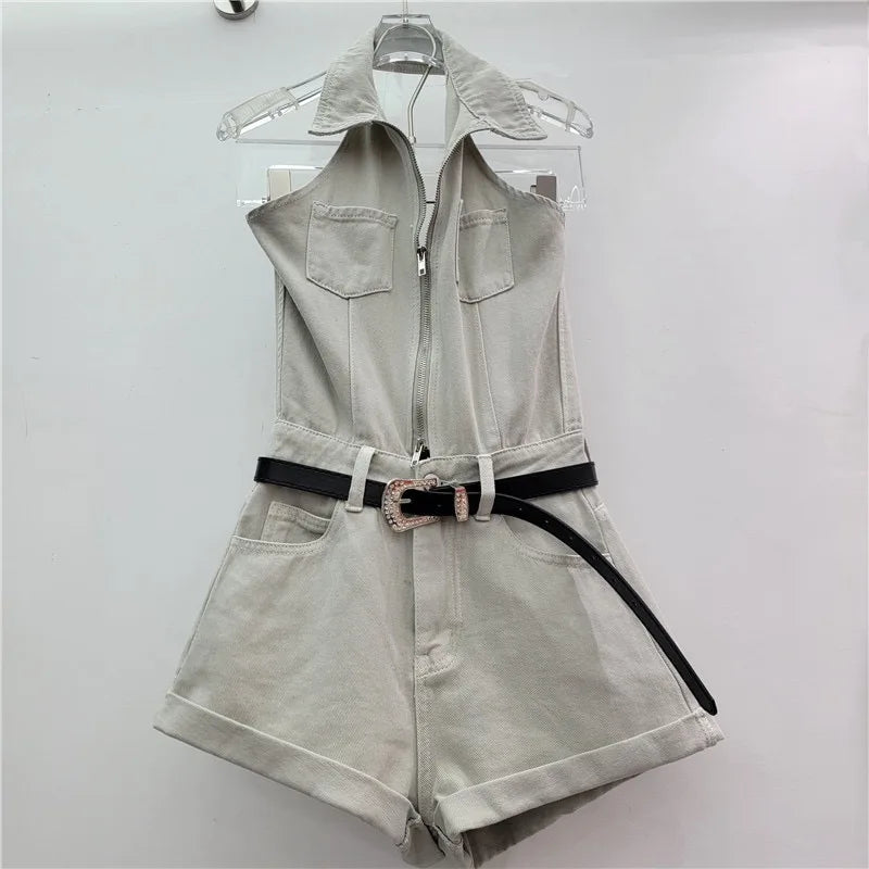 Sexy Blue Lapel Deep V Zipper Jumpsuit For Women Sleeveless Backless High Waist Hemmed Shorts Leisure Party Club Denim Jumpsuit