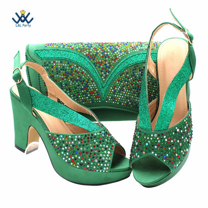 Buckle Strap Sandals Nigerian Women Shoes and Bag Set in Green Color with Wedges Heels For Ladies Party