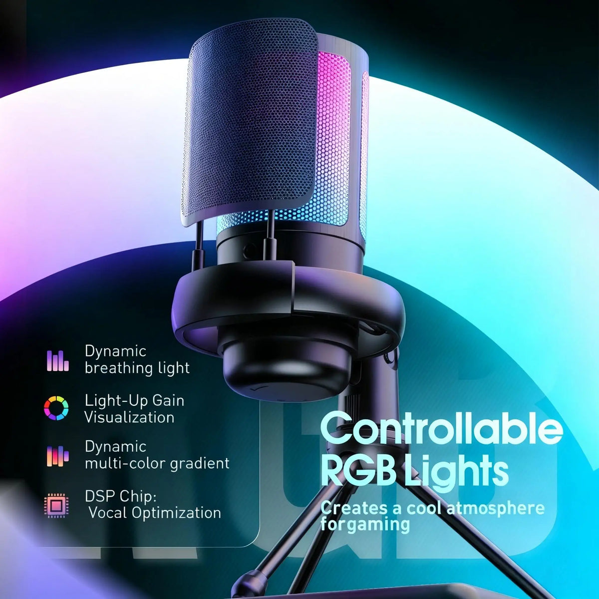 Gaming PC USB Microphone, Podcast Condenser Microphone, Mute Button, Gain Control For Live Chat, RGB PC Microphone For Live Gami