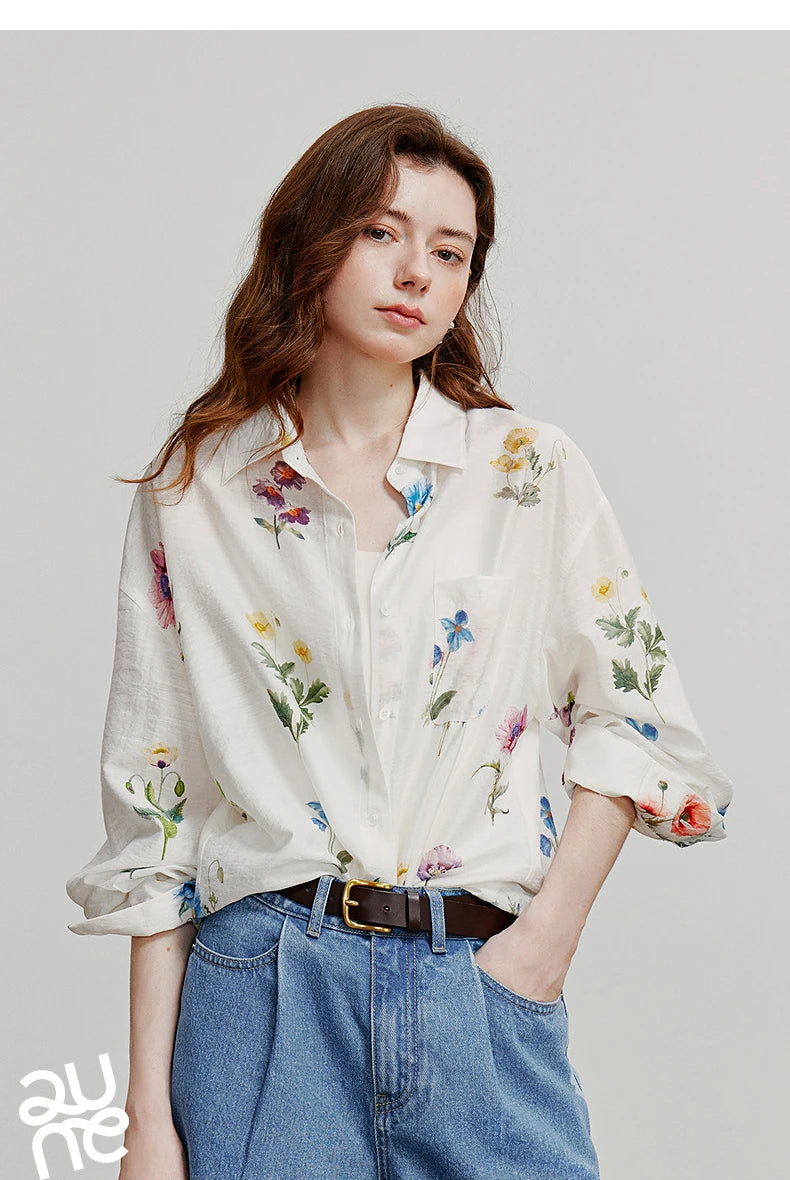 TOYOUTH Women Shirts 2026 Summer New Linen Lyocell Print Fresh Mid Length Floral Blouse Tops