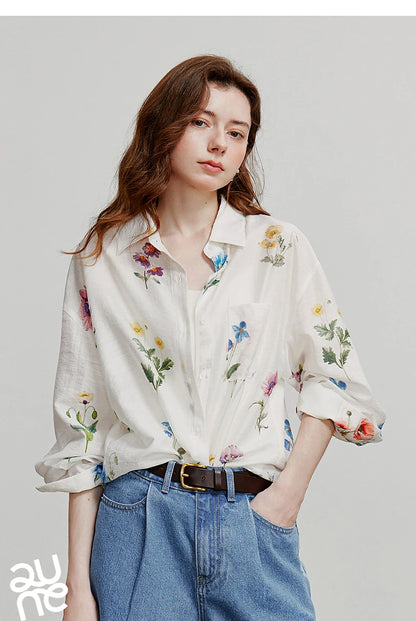 TOYOUTH Women Shirts 2026 Summer New Linen Lyocell Print Fresh Mid Length Floral Blouse Tops