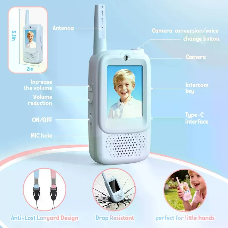 Kids Video Walkie‑Talkies, 2 Pack Rechargeable Video Intercom with HD Camera & Voice, Portable Two‑Way Radio Toy for Boys Girls 3‑14, Indoor Outdoor Camping Hiking Games, Blue & Pink