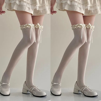 1/2/3pairs Japanese Lolita Jk Knee High Long Sock Black White Bow Ribbon Stockings Sexy Lace Thigh High Socks Sweet Cute Hosiery