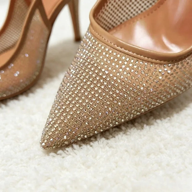 Luxury Designer Rhinestone Heeled Sandals Women Sexy Pointed Toe Mesh Breathable Thin High Heels Elegant Party Dress Pumps Shoes
