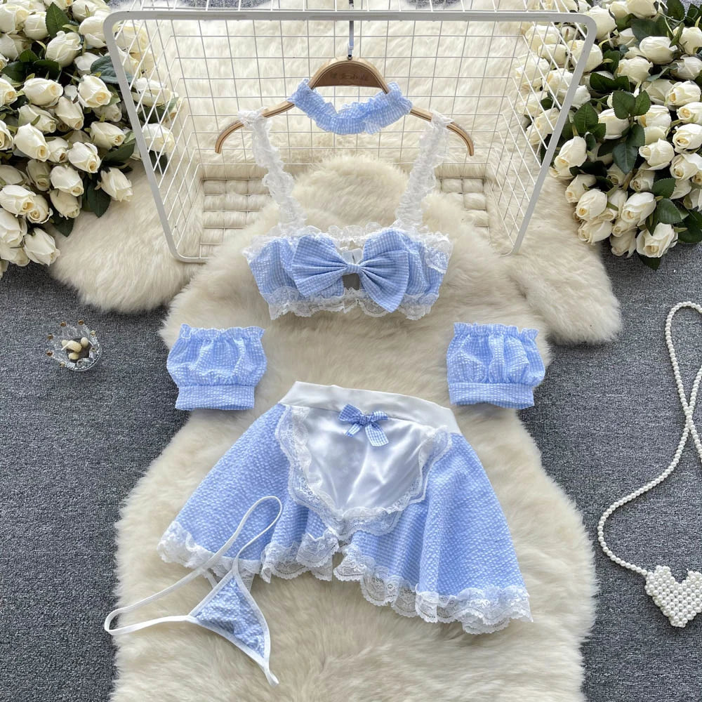Coquette Lace Lingerie Set Sexy Mesh Bodysuit Valentines Day Sleepwear Gothic Strappy Catsuit Intimate Nightwear Romper
