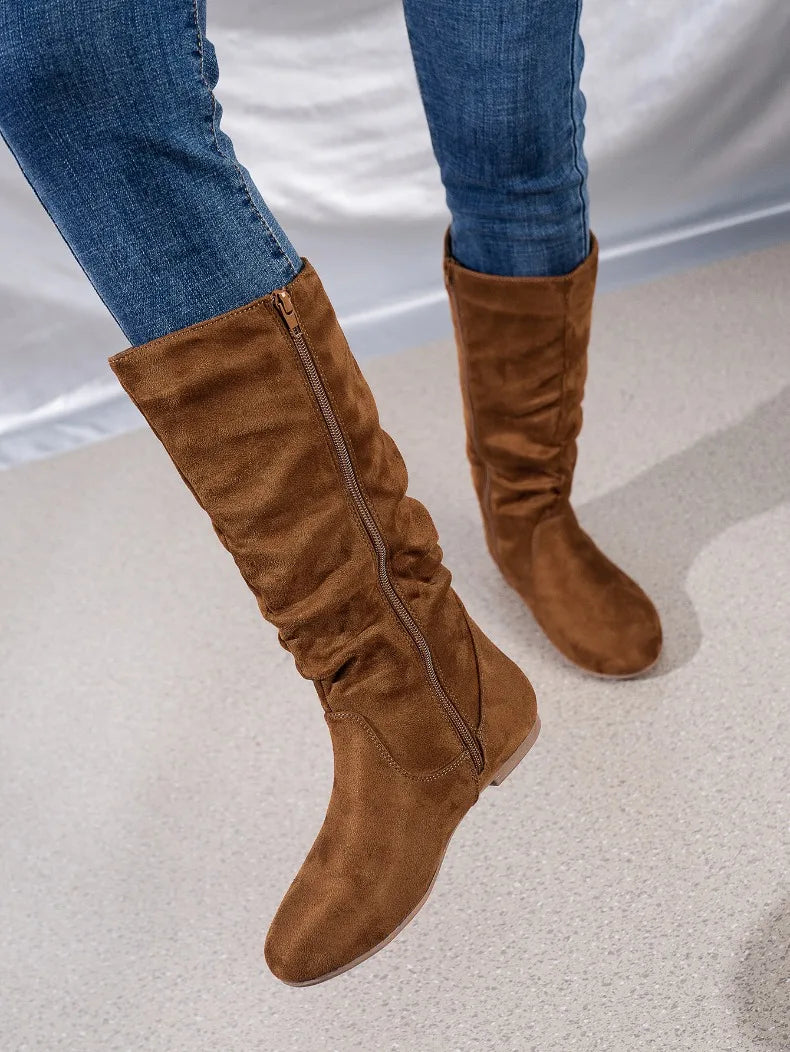 Fashion Faux Suede Mid-calf Boots for Women Plus Size Autumn and Winter New Round Toe Side Zipper Pleated Flat Boots Botas Mujer