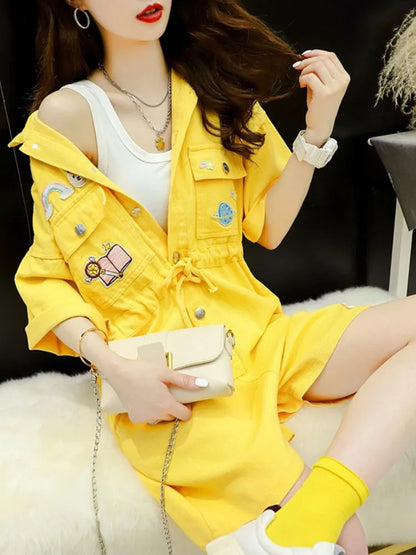 Denim Jumpsuits Loose Korean Style Casual Short Sleeve Playsuits One Piece Outfits Women Clothing Lace-up Waisted Wide Leg Pants