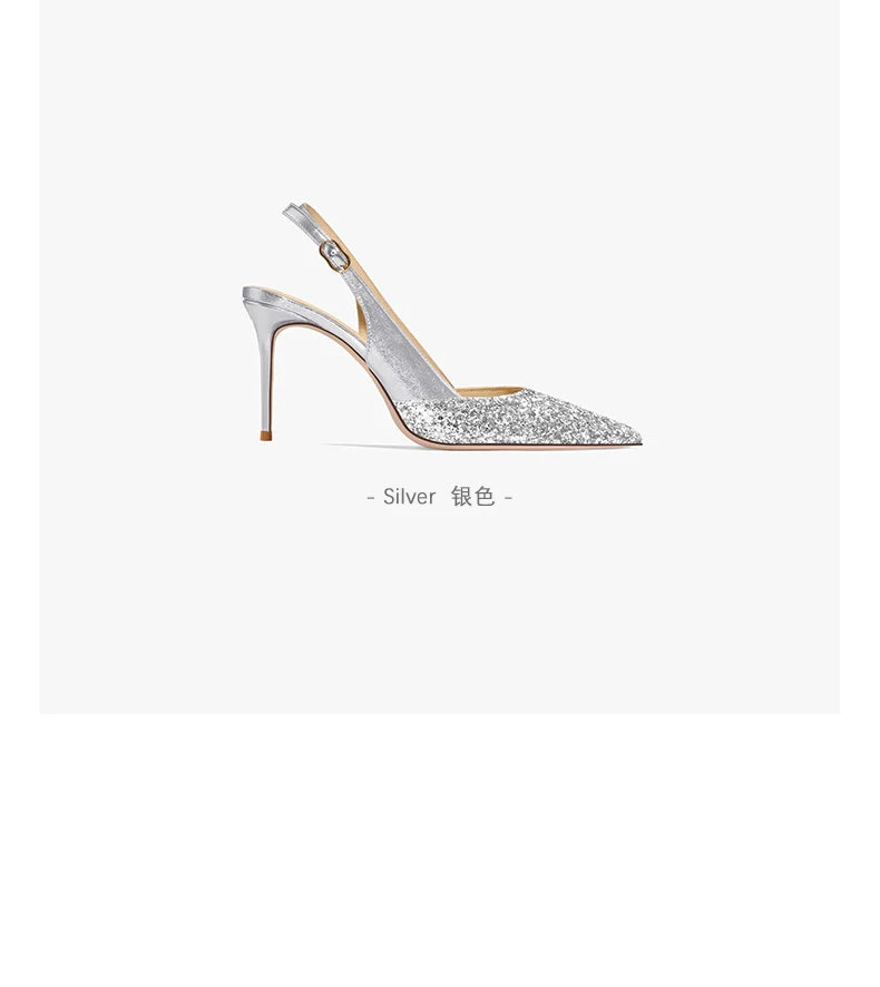 2025 New Summer Luxury Heeled Sandals Gold Sequins Back Strap Pointed Toe Stiletto Pumps Elegant Comfortable Prom Women's Shoes